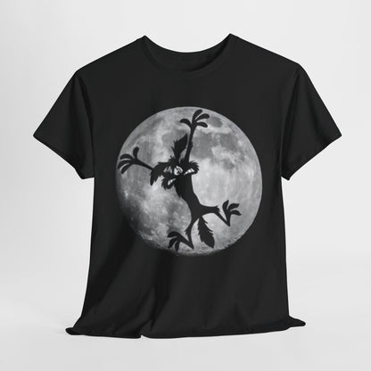 Elegant black graphic t-shirt featuring a silhouette of Wile E. Coyote against a radiant full moon, perfect for lovers of whimsical design.