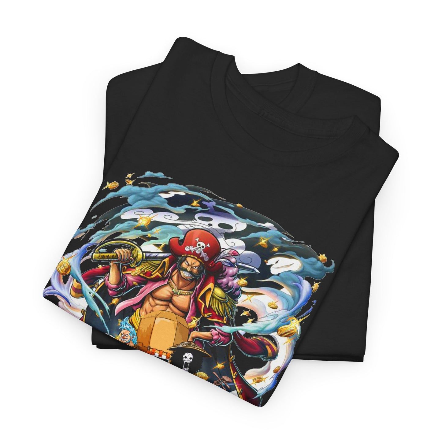 Exquisite Epic 1 Piece Adventure Men's T-Shirt folded with detailed graphic print of dynamic anime characters, reflecting bold artistry and quality craftsmanship.