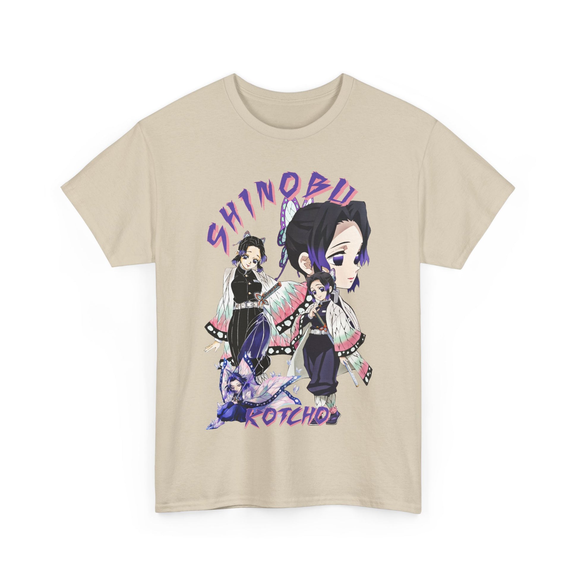 Stylish beige t-shirt featuring vibrant graphic artwork of Shinobu Kocho from Demon Slayer, blending artistry and streetwear.