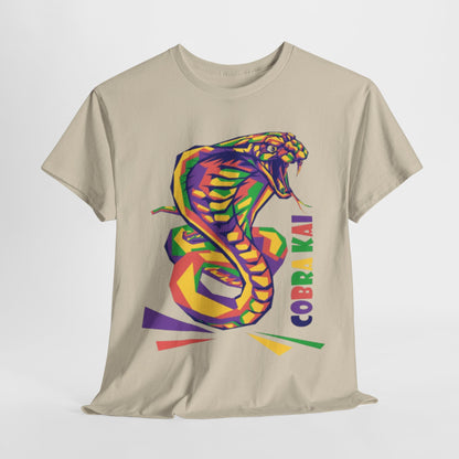 Luxurious unisex Cobra Kai graphic T-shirt featuring a vibrant, artistic portrayal of a coiled snake emblem, symbolising strength and martial arts spirit, perfect for stylish fans of the iconic series.