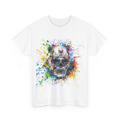 Front view of the Color Splash Skull Tee in white, adorned with a vivid and colourful skull graphic, an exquisite addition to any luxury wardrobe.
