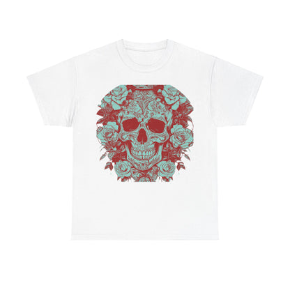 Skulls and Roses Cotton Tee in white, showcasing a vibrant steampunk-inspired skull design surrounded by roses, perfect for an edgy yet luxurious wardrobe.