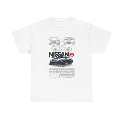 Luxury Nissan GTR R35 T-Shirt featuring a technical illustration, showcasing the car's design from multiple angles, perfect for automotive enthusiasts.