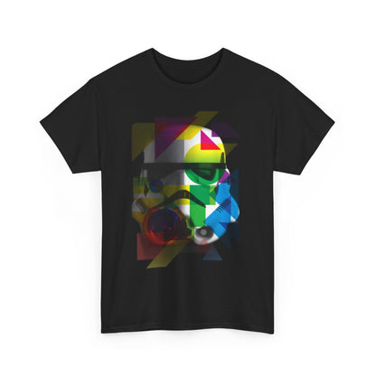 Elegant black graphic tee showcasing a geometric Stormtrooper helmet in vivid hues, ideal for casual gatherings and showcasing fandom.