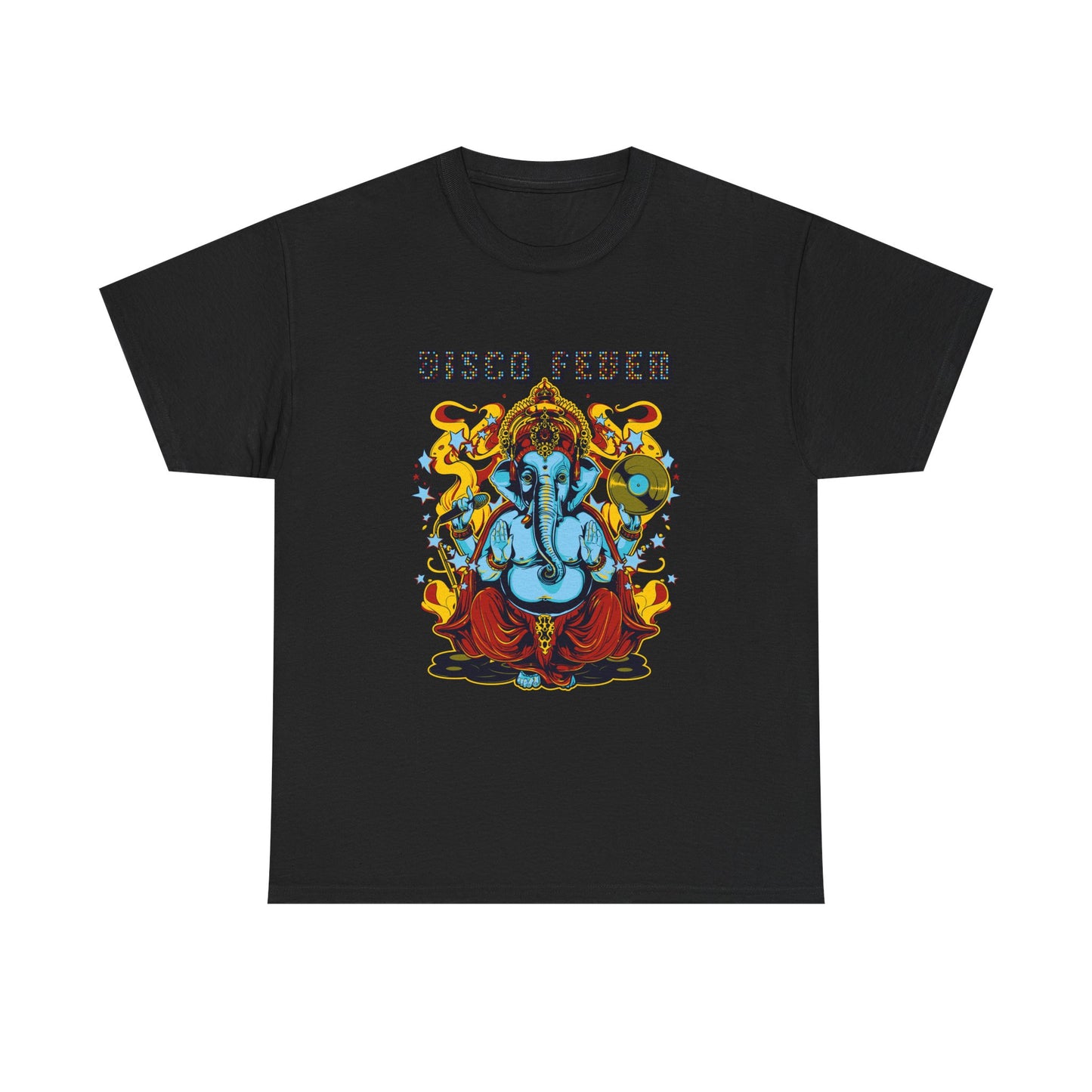 Luxurious black t-shirt featuring vibrant Lord Ganesha graphic with 'DISCO FEVER' text, showcasing intricate designs and colours against a sleek backdrop.