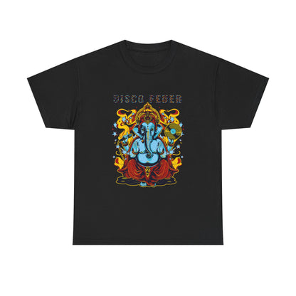 Luxurious black t-shirt featuring vibrant Lord Ganesha graphic with 'DISCO FEVER' text, showcasing intricate designs and colours against a sleek backdrop.
