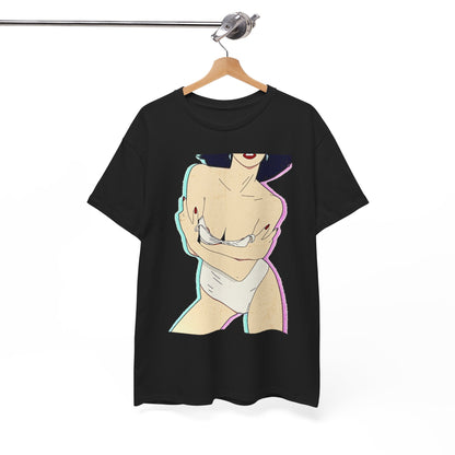 Stylish black t-shirt elegantly displayed on a hanger, featuring a captivating vintage pin-up design with a suggestive female figure against a soft pastel backdrop.