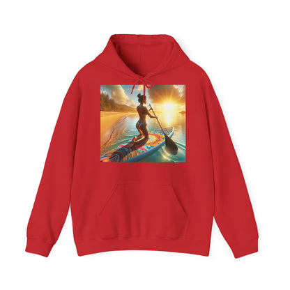 Luxury Fantasy Paddleboarding Unisex Hooded Sweatshirt in red, adorned with an artistic paddleboarding print, perfect for adventurous spirits.