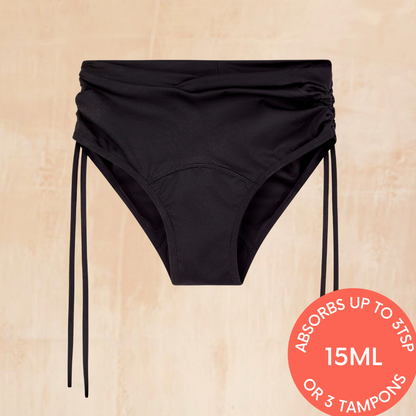 Close-up of Zoe Leakproof Bikini's absorbent gusset, stylishly crafted to hold up to 15ml of liquid, ensuring discreet confidence.