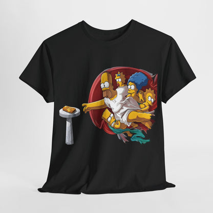 The Simpsons Creation of Adam Graphic T-Shirt Urban Unisex Cotton Tee in black, showcasing Homer Simpson and his family in a humorous twist on classic art.
