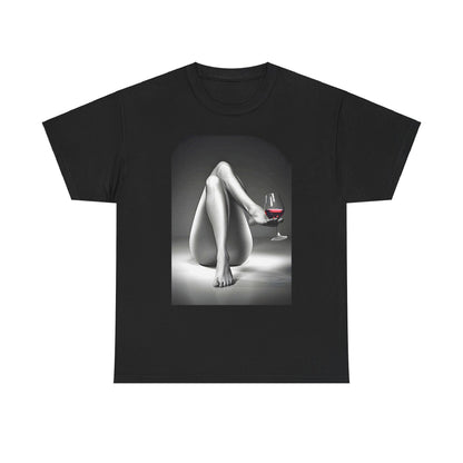 Luxurious unisex graphic t-shirt featuring a sophisticated monochrome design of a woman's legs elegantly crossed, cradling a wine glass, embodying serenity and style.