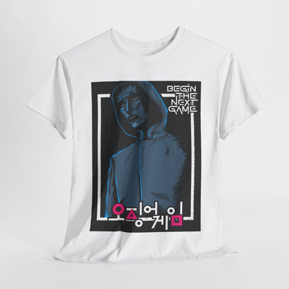 Luxury Squid Game Unisex Men's Women's Graphic Cotton Funny T-Shirt featuring a stylish design with a striking character illustration and Korean text that reads 'Begin the Next Game'. Perfectly suited for fans of the renowned Netflix series.