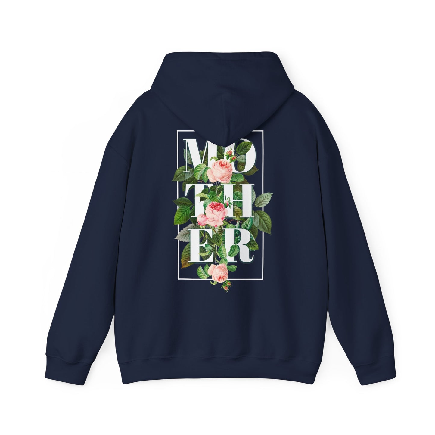 Stylish navy hoodie featuring a beautiful floral back print, prominently showcasing the word 'MOTHER' embraced by elegant pink roses and lush green foliage.