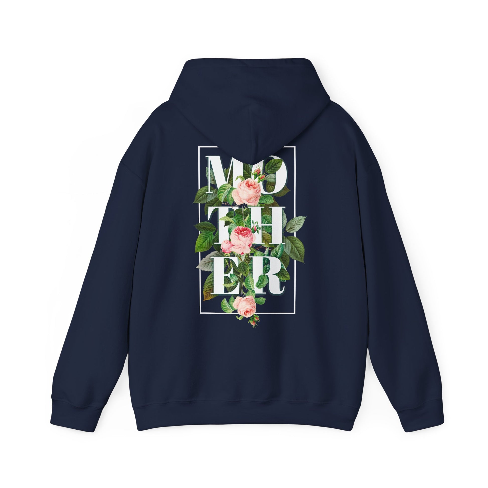 Stylish navy hoodie featuring a beautiful floral back print, prominently showcasing the word 'MOTHER' embraced by elegant pink roses and lush green foliage.