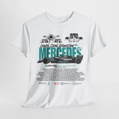 Elegant white tee featuring striking graphics of a Mercedes Formula 1 car, adorned with the name 'Lewis Carl Hamilton 44' and sponsorship logos from AMG Petronas, Ineos, TeamViewer, and Hewlett Packard Enterprise.