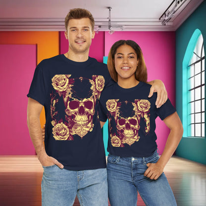 Skulls and Roses Cotton Tee worn by a man and a woman, showcasing a stylish unisex graphic shirt with a unique design featuring intricate skulls and elegant roses. Perfect for alternative fashion enthusiasts.