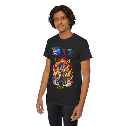 Another model showcasing the Epic Ace Men's T-Shirt, capturing the fiery artwork of Ace, ideal for casual and anime-inspired fashion.