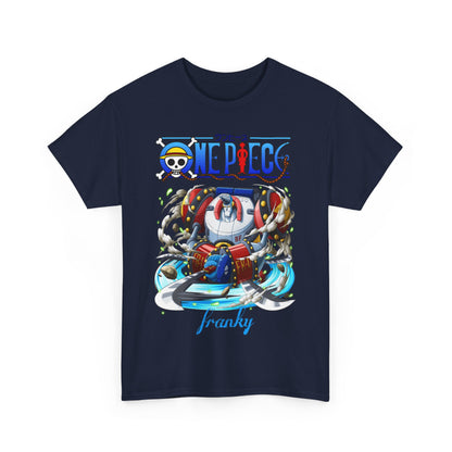 Luxurious navy blue One Piece Franky men's t-shirt featuring a vibrant graphic design of Franky, the iconic cyborg character, expertly crafted for anime enthusiasts.