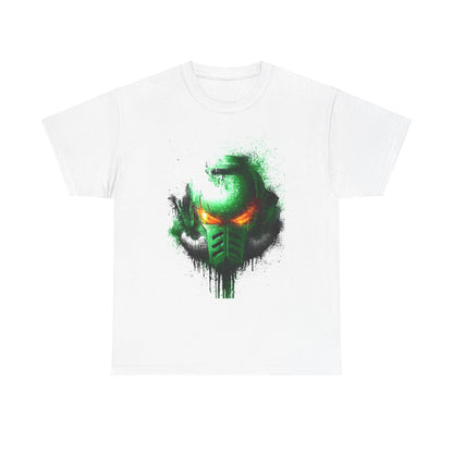 Unisex white t-shirt showcasing an eye-catching green helmet design with fiery orange accents, perfect for stylish streetwear enthusiasts.