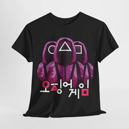 Luxury Squid Game Unisex Men’s Women’s Graphic T-Shirt Tee in black, featuring striking purple hooded figures with white geometric shapes and Korean characters, perfect for a stylish statement.