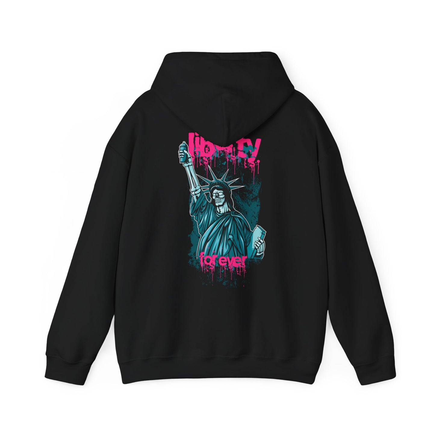 Stunning black hoodie with an avant-garde back design of the Statue of Liberty, intricately detailed with turquoise hues and bold pink graffiti text, embodying urban elegance.