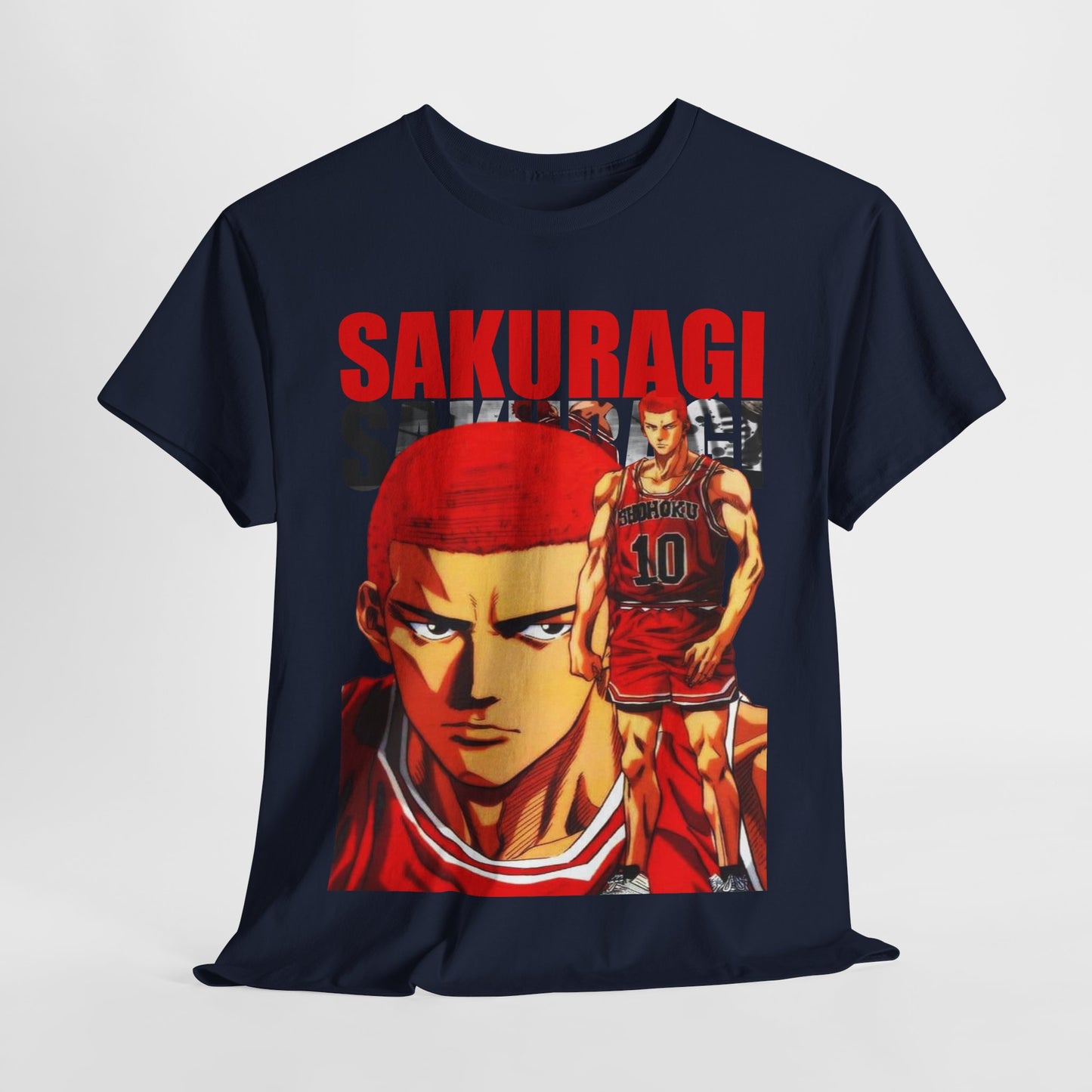 Fashionable navy T-shirt displaying a captivating Sakuragi graphic, embodying the essence of the iconic Slam Dunk series for a luxurious streetwear look.