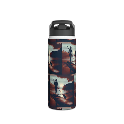 Elegant Fantasy Paddleboarding Stainless Steel Water Bottle featuring stunning design of a paddleboard silhouette against a vibrant sunset backdrop.