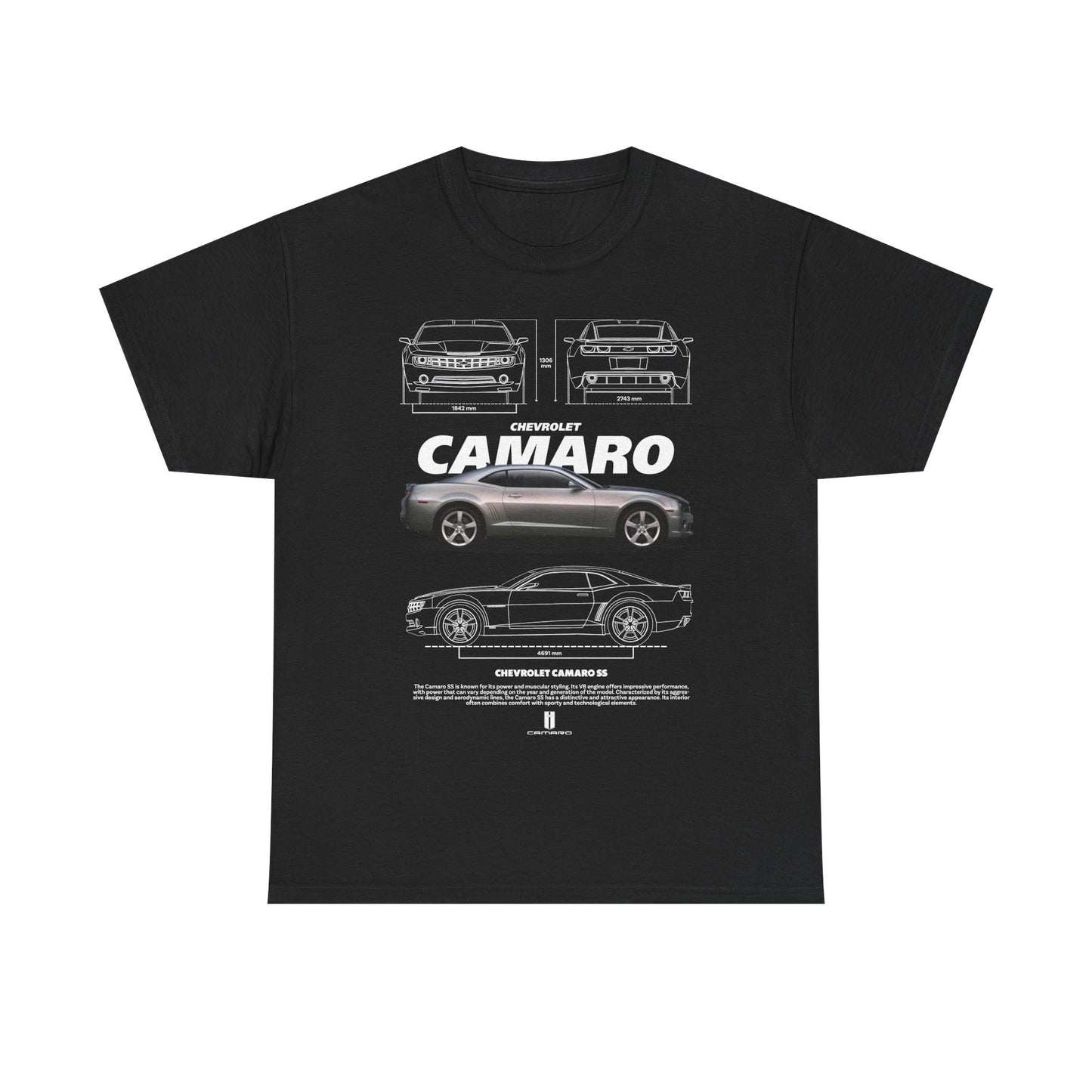Elegant black men's t-shirt adorned with a striking Chevrolet Camaro design on the front, highlighting the renowned car's silhouette and specifications, ideal for stylish car lovers.