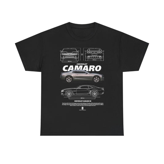 Elegant black men's t-shirt adorned with a striking Chevrolet Camaro design on the front, highlighting the renowned car's silhouette and specifications, ideal for stylish car lovers.