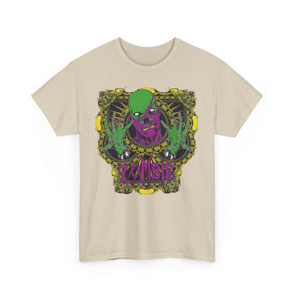 Premium beige men's T-shirt adorned with a vivid zombie graphic on the front, blending elegance with a playful horror theme.