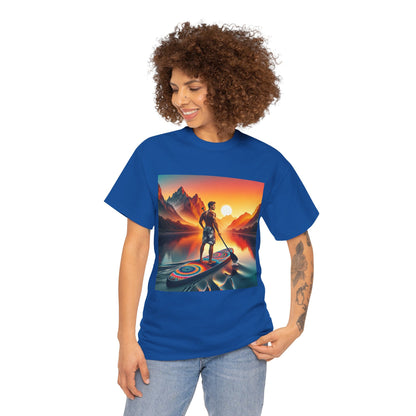 Elegant paddleboarding graphic on Serene T-Shirt by Dazzling Dreams Studio, ideal for casual or adventure wear.