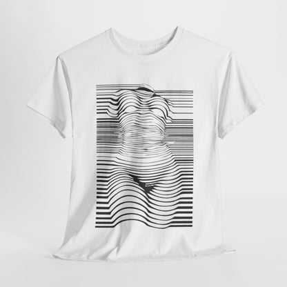 Elegant unisex optical illusion graphic t-shirt featuring a striking black and white design of a woman's silhouette, set against a soft white cotton background, perfect for showcasing a contemporary aesthetic.