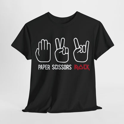 Rock Paper Scissors Graphic T-Shirt Urban Unisex Cotton Tee displayed on a plain background, featuring bold hand illustrations for paper, scissors, and rock alongside stylish text.