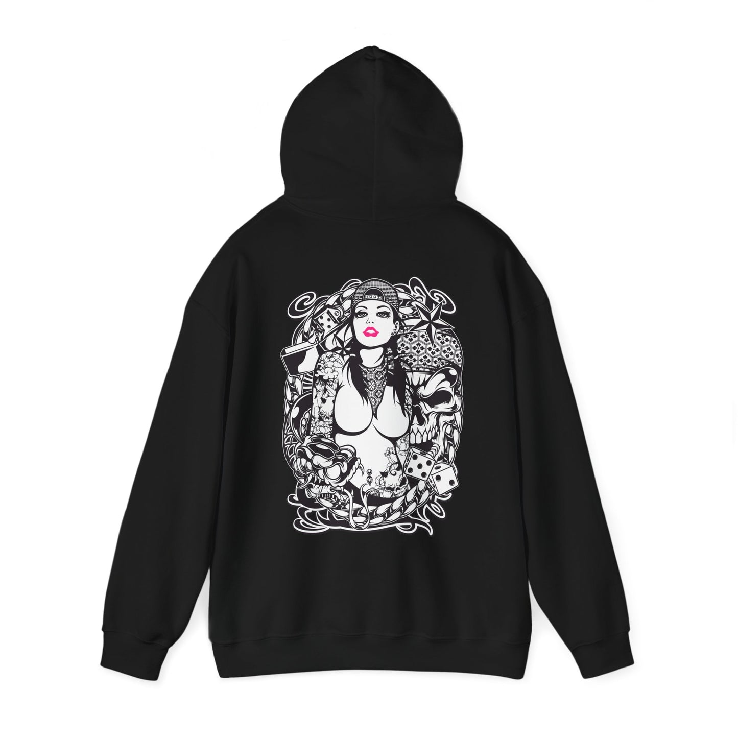 Elegant black hoodie showcasing a captivating back design with a tattooed woman, encapsulating intricate floral motifs, skulls, and dice imagery for a trendy statement.