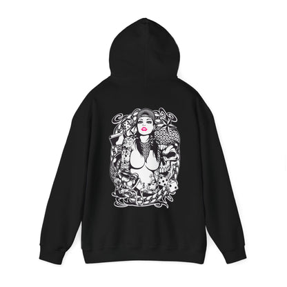 Elegant black hoodie showcasing a captivating back design with a tattooed woman, encapsulating intricate floral motifs, skulls, and dice imagery for a trendy statement.