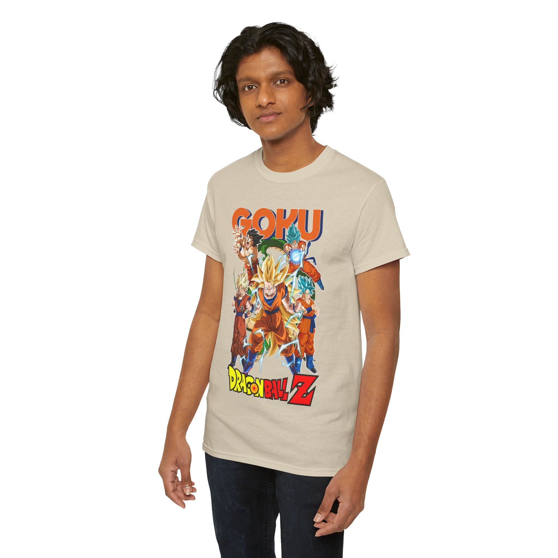 Elegant GOKU Power Surge T-Shirt featuring a vibrant Dragon Ball Z design with dynamic illustrations of Goku and other characters, ideal for anime enthusiasts.