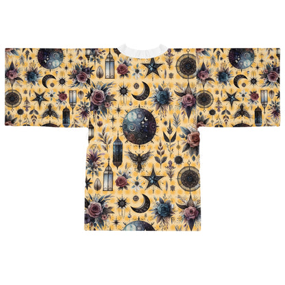 Sophisticated Floral Kimono Robe with a beautiful floral pattern and starry motifs, perfect for upscale home lounging.