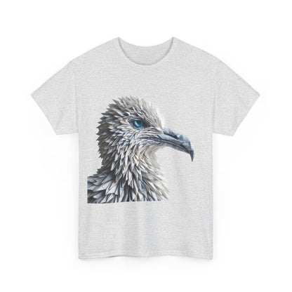 Front view of the Sculpted Elegance Unisex Cotton Tee, featuring an intricate origami bird design with a striking teal eye on a light gray background.
