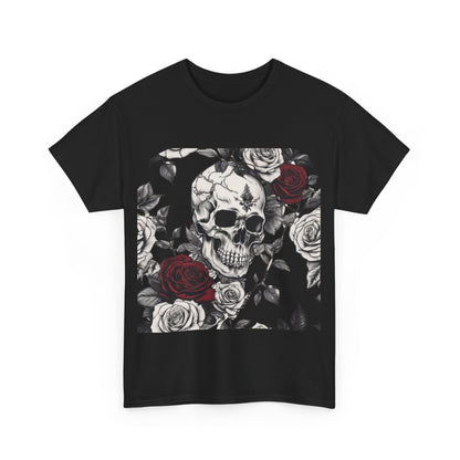 Front view of the Skulls and Roses Cotton Tee in black, beautifully depicting a skull paired with roses, ideal for making a unique fashion statement.