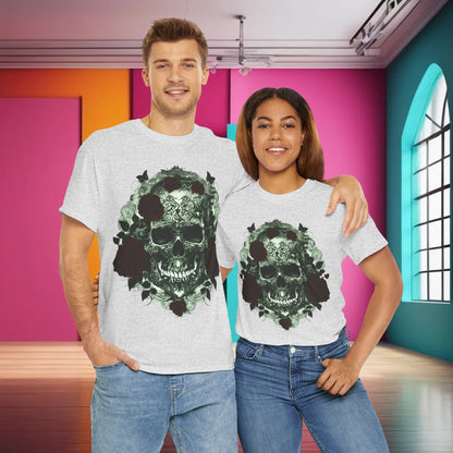 Stylish couple wearing the Skulls and Roses Cotton Tee, a luxurious unisex graphic shirt, showcasing intricate skull and rose design against a vibrant backdrop.