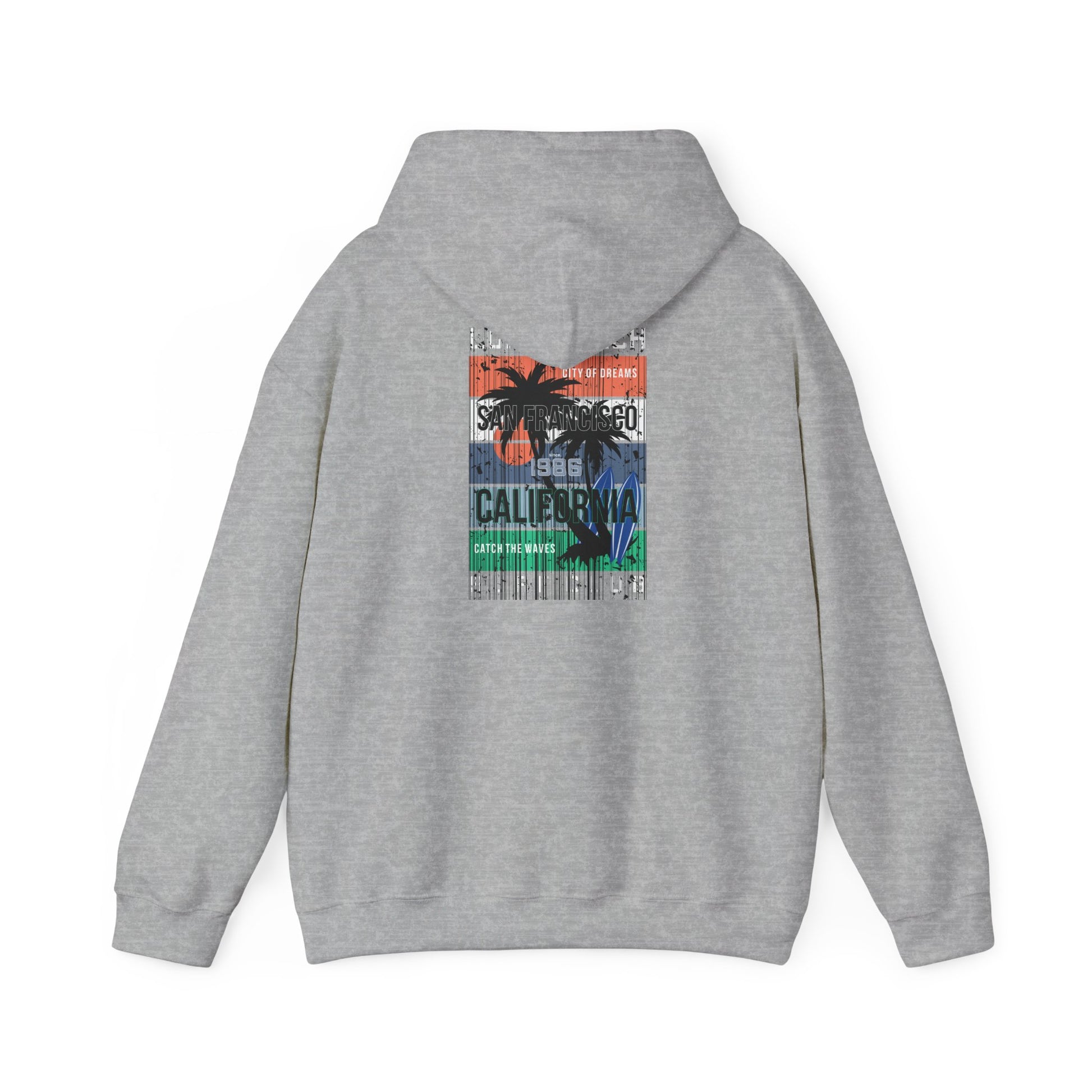 Sophisticated grey hoodie featuring a vibrant San Francisco surf-inspired graphic and palm tree silhouettes, perfect for embracing the coastal Californian lifestyle.
