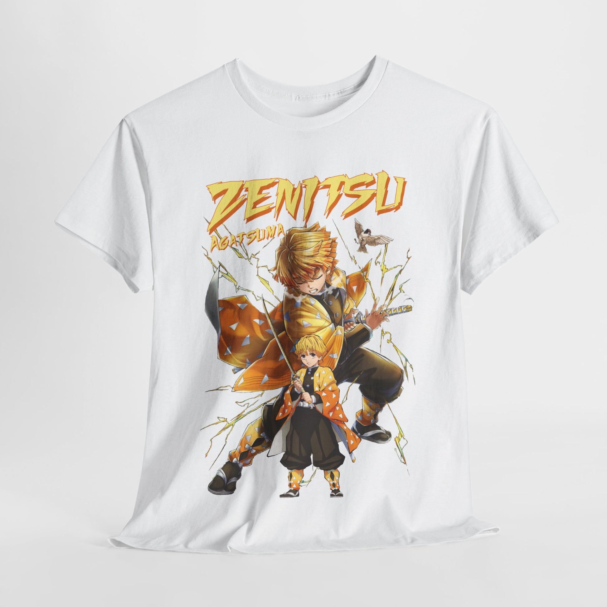 Elegant white t-shirt featuring Zenitsu Agatsuma in striking anime artwork, designed for the sophisticated anime fan, perfect for versatile styling.
