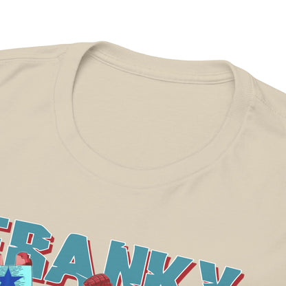Close-up view of the soft beige fabric and neckline of an elegantly designed men's anime graphic t-shirt featuring Franky.