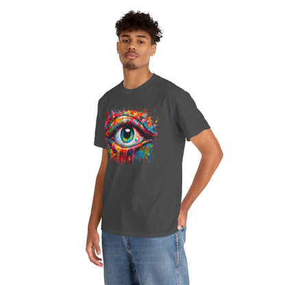 Model wearing the Visionary Drip Luxe Tee exhibiting a bold eye graphic in an array of vibrant hues, designed for stylish, unisex fashion.