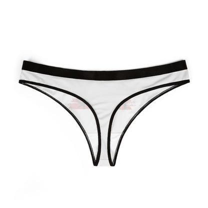 Chic women's thong in white fabric with black trim, displaying the phrase 'MY SAFE WORD IS HARDER' in a playful font, combining humour and sensuality in intimate apparel.