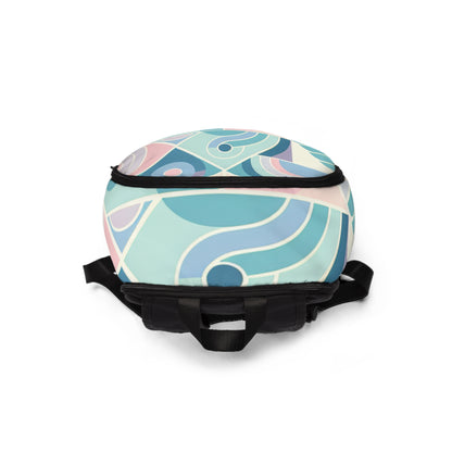 Pastel Elegance Backpack by Dazzling Dreams Studio featuring a stylish baby blue, soft pink, and mint green design with asymmetrical shapes, perfect for fashion-forward individuals seeking luxury and functionality.