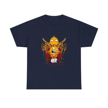 Men's luxury graphic t-shirt showcasing vibrant emoji characters with handguns, flames, and a bold design on a dark background, perfect for making a statement.
