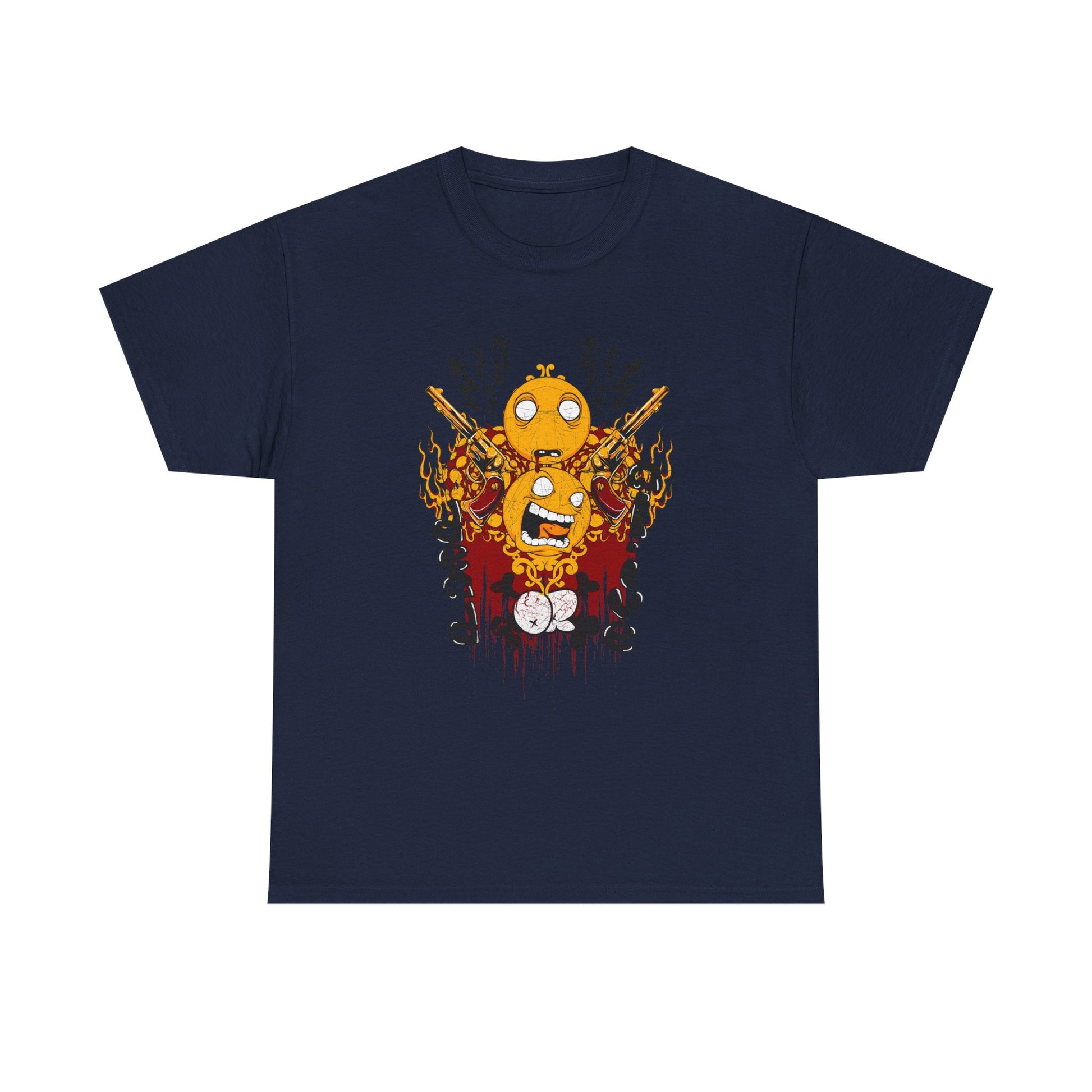 Sophisticated navy men's graphic t-shirt featuring an eye-catching emoji artwork, enriched with vibrant colours and creative motifs for an avant-garde style.