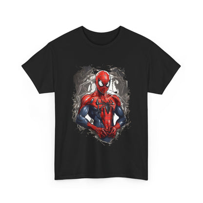 Unleash Your Inner Hero with the Spider-Man Graphic Unisex Graphic Tee Shirt; displaying Spider-Man in dynamic detail on a luxurious black background.