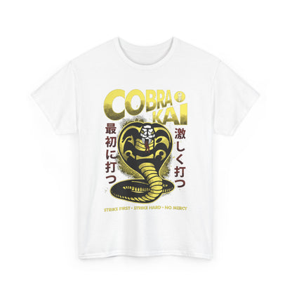 Stylish white Cobra Kai t-shirt showcasing a fierce black and gold snake emblem, embodying strength and determination, ideal for a fashionable and sporty look.